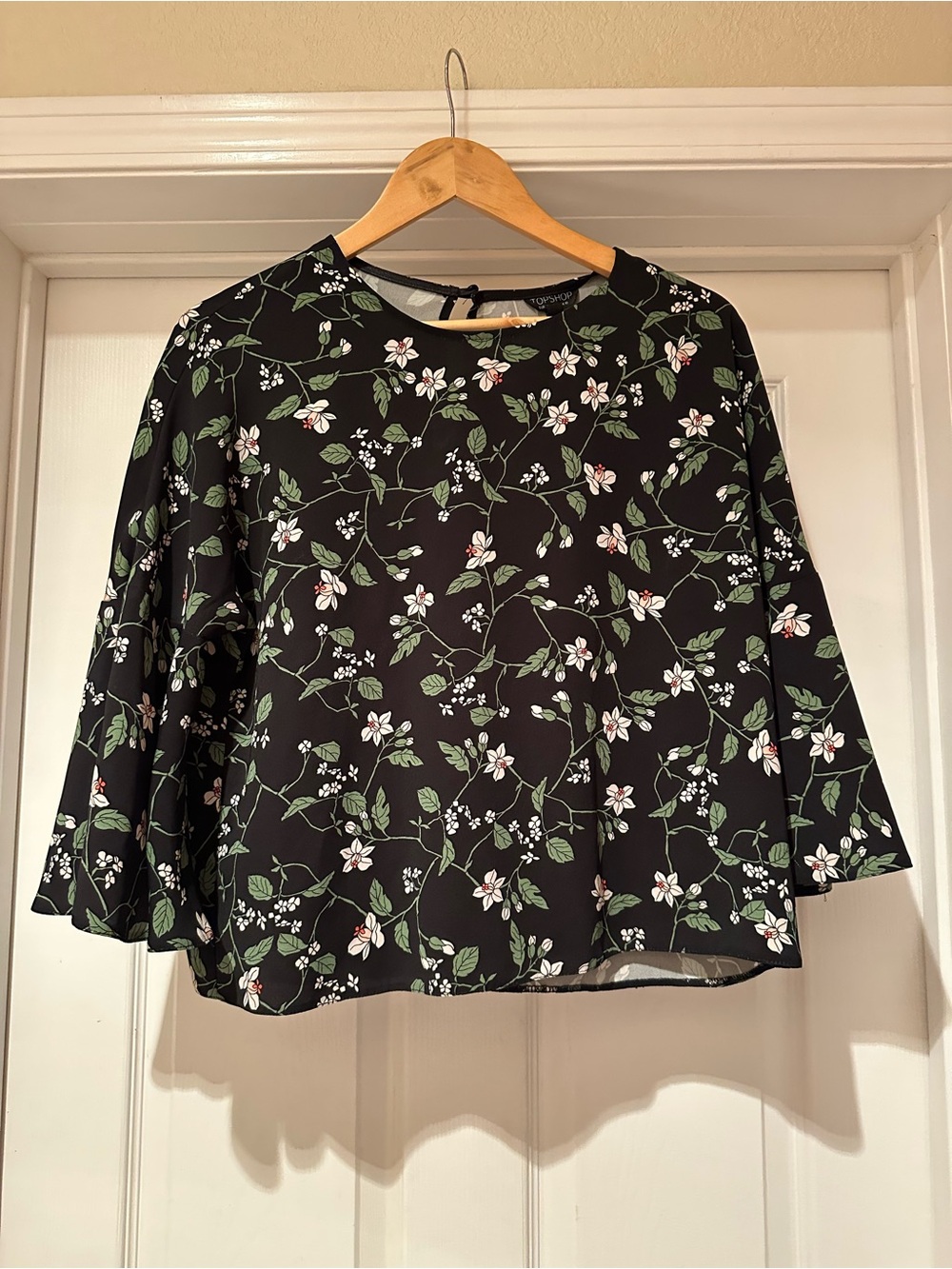 Topshop Black Floral Bell-Sleeve Blouse
